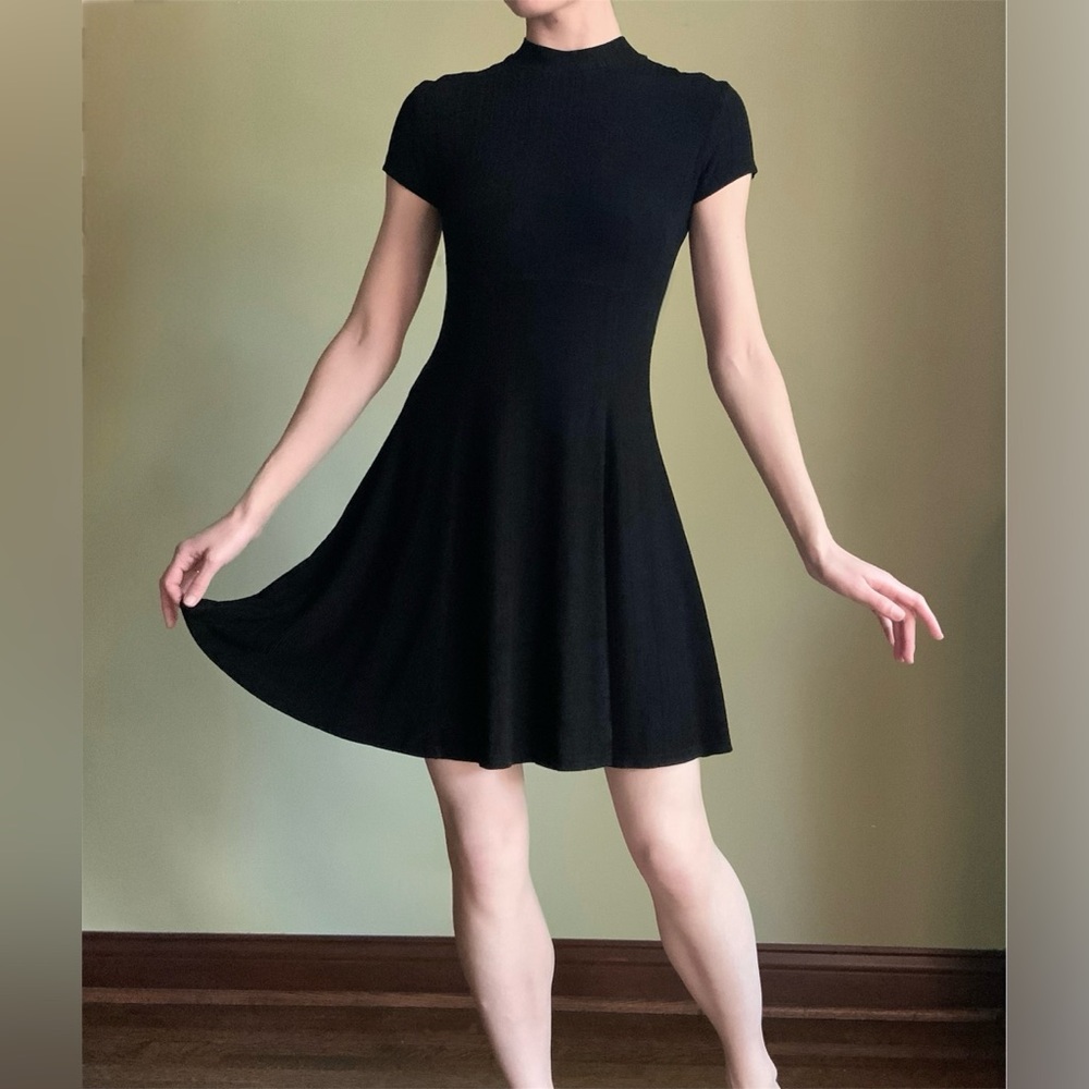 Ribbed Mesh Skater Dress, Vintage Stretchy Casual Little Black Dress